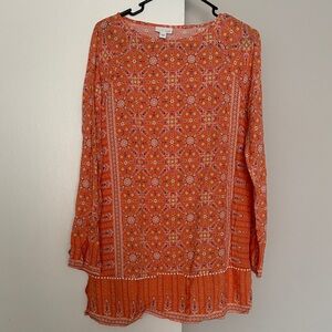 J Jill Orange Floral Long Sleeve Blouse
